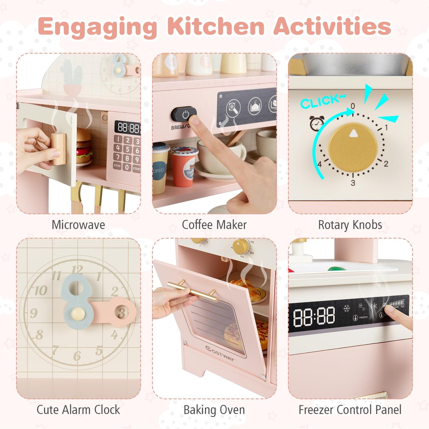 Wooden Toy Kitchen, Kids Pretend Play Kitchen with 17 Pcs Accessories