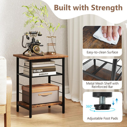3 Tier Side Table with Height Adjustable Metal Mesh Shelf
