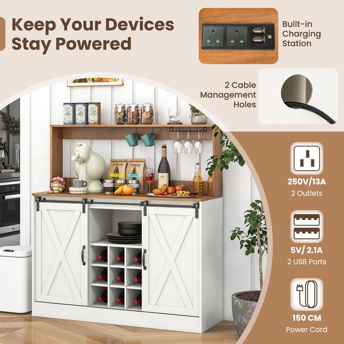 Kitchen Buffet Sideboard with Charging Station,Hutch
