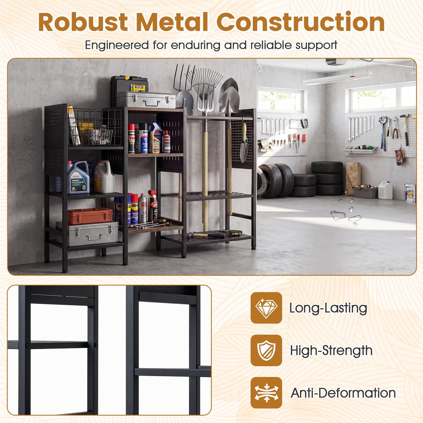 Garden Tool Storage Rack, 3 Tier Metal Yard Tool Organizer with Wooden Shelves