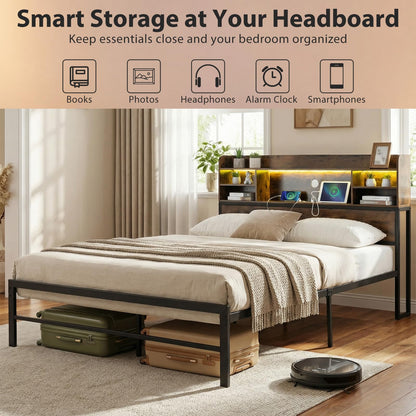 Double/King Size Bed Frame with LED Lights and Charging Station