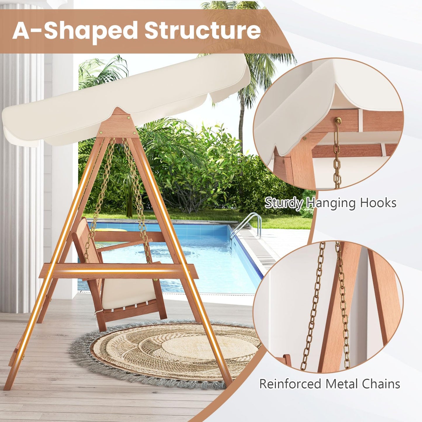 Wood Porch Swing with Canopy, A Frame and Soft Seat Cushions