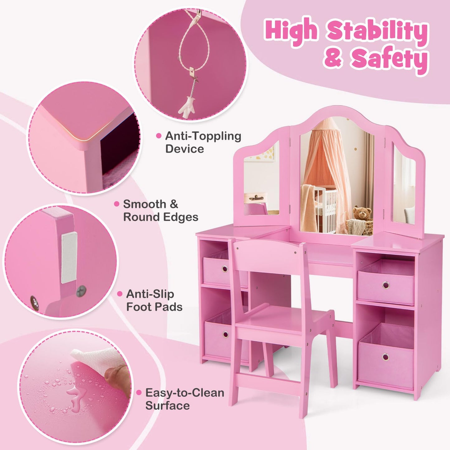 Kids Vanity Set with Tri-Folding Detachable Mirror and 4 Storage Bins