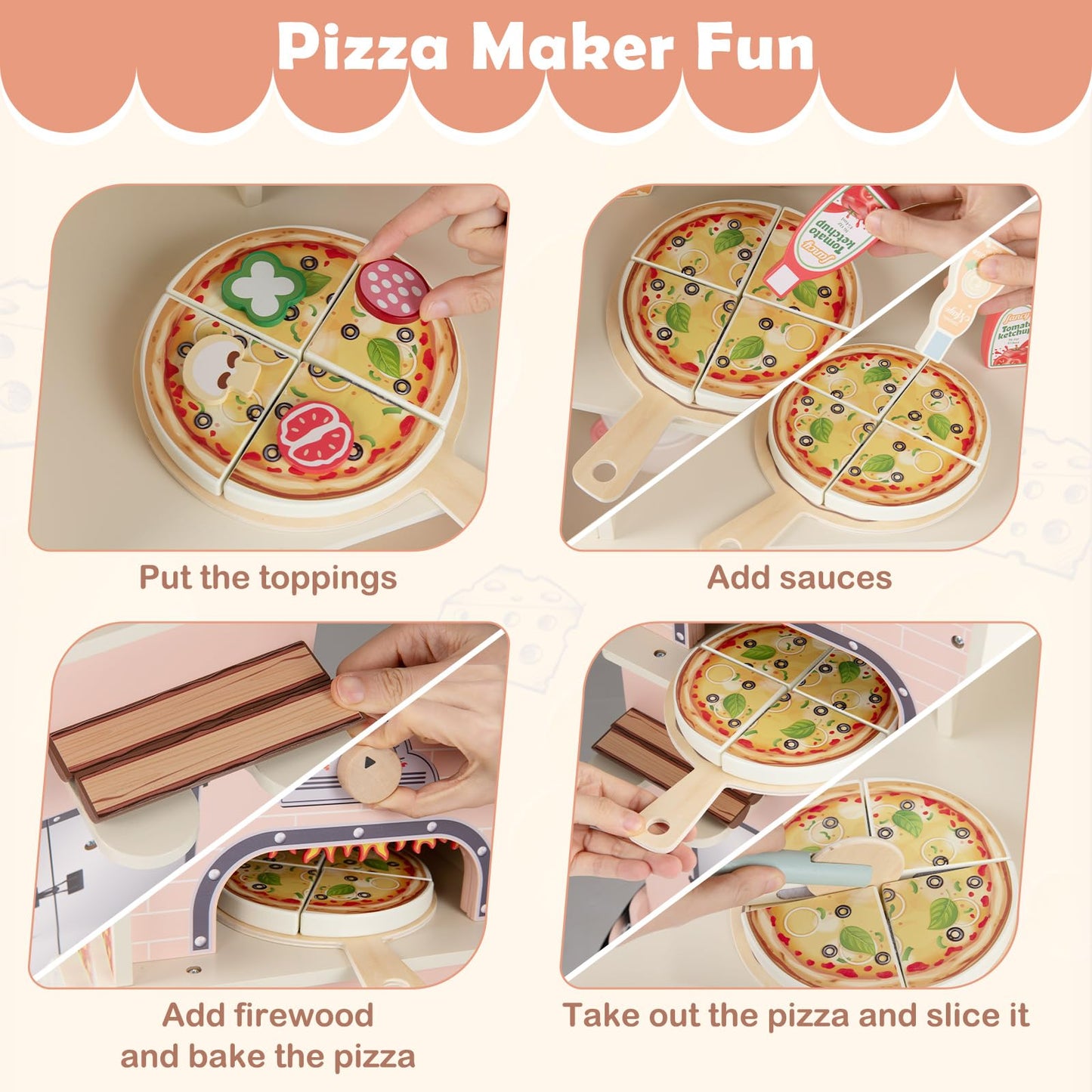 Kids Pizza Food Truck Wooden Pretend Play Snack Cart with Oven