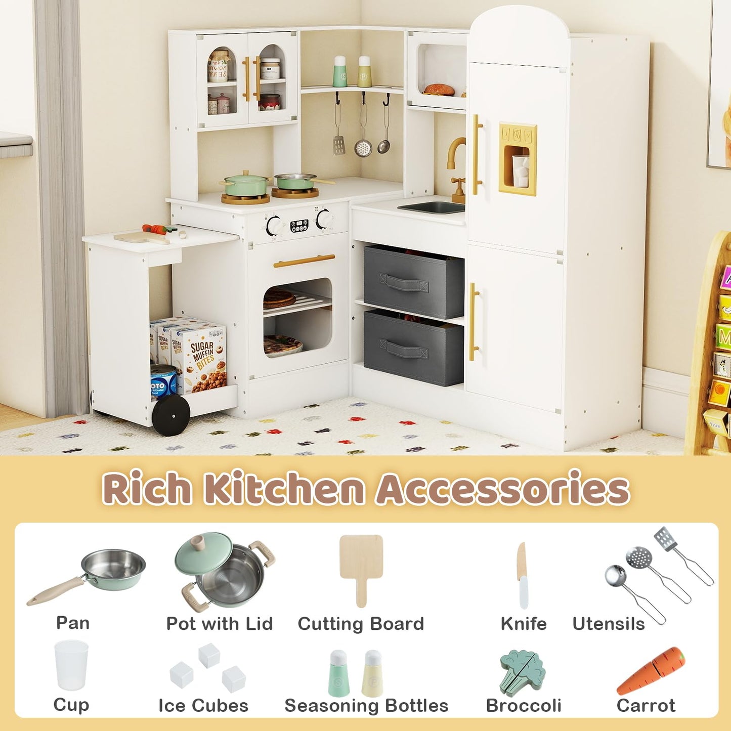 Corner Kitchen Playset Kids Pretend Play Kitchen with Pull-out Cart Fabric Bins