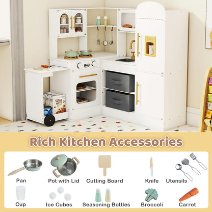 Corner Kitchen Playset Kids Pretend Play Kitchen with Pull-out Cart Fabric Bins