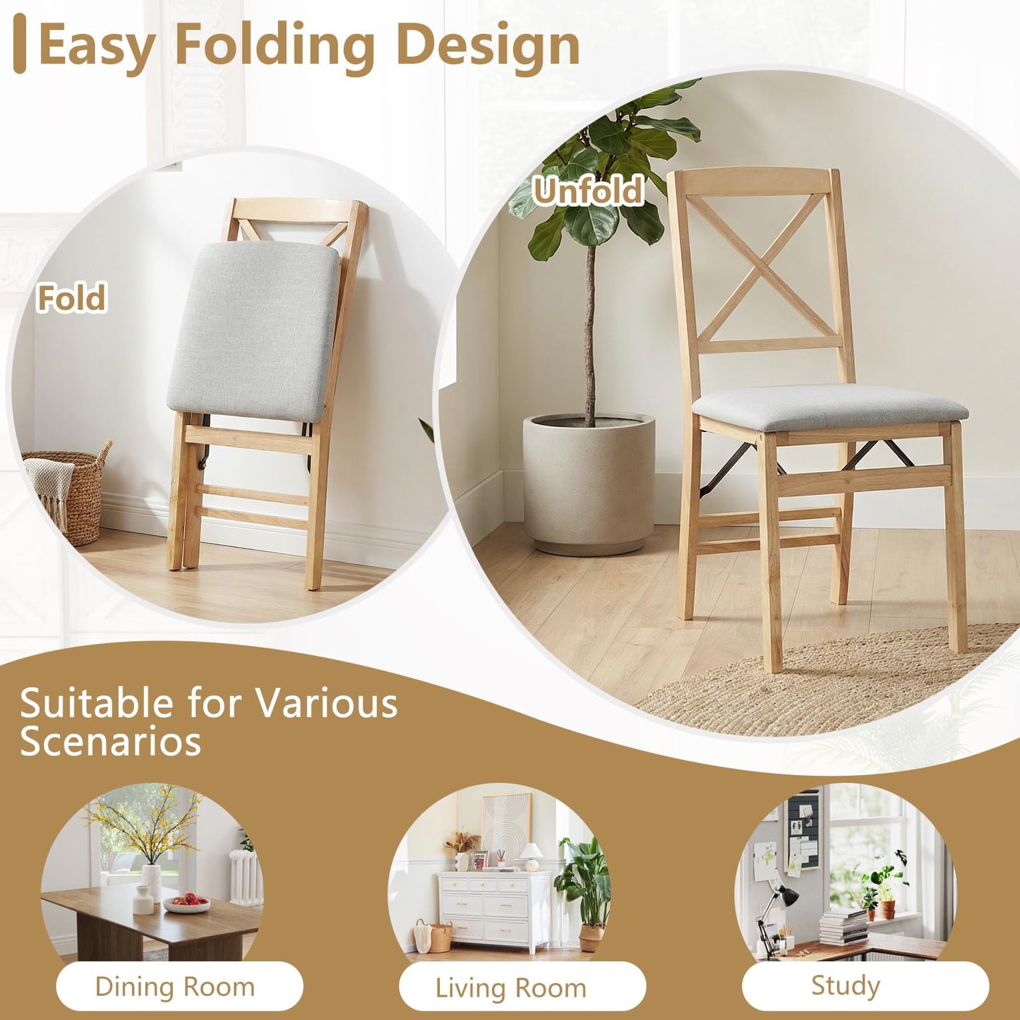 Padded Folding Chair Set of 2/4, Rubber Wood Counter Dining Chairs with Backrest
