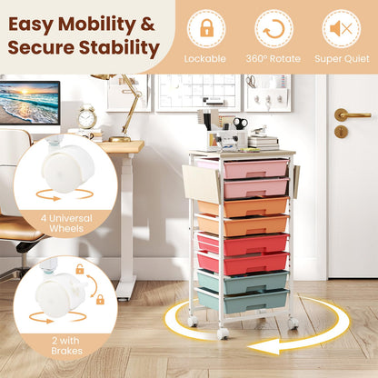 8 Drawers Storage Trolley with Wooden Top & Foldable Side Panels