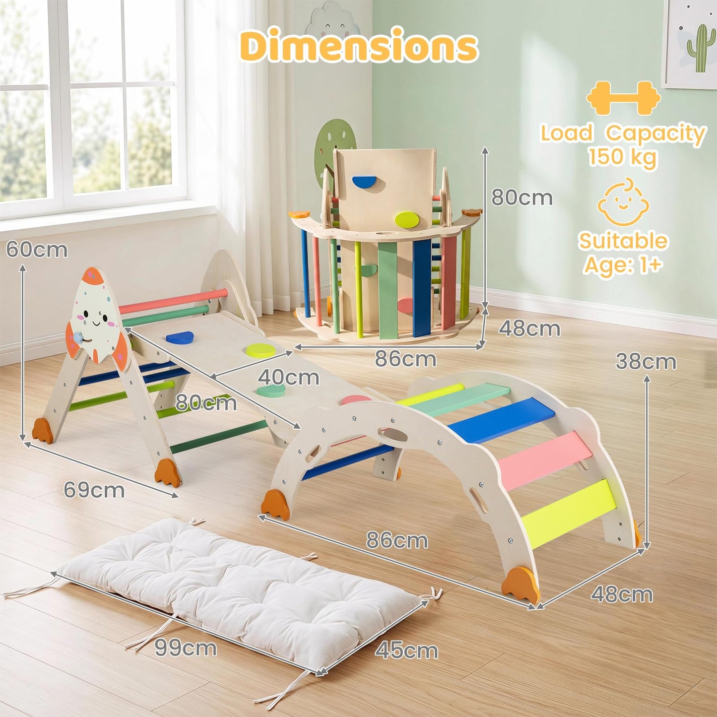 Toddler Climbing Frame, 8-in-1 Wooden Kids Climber with Arch