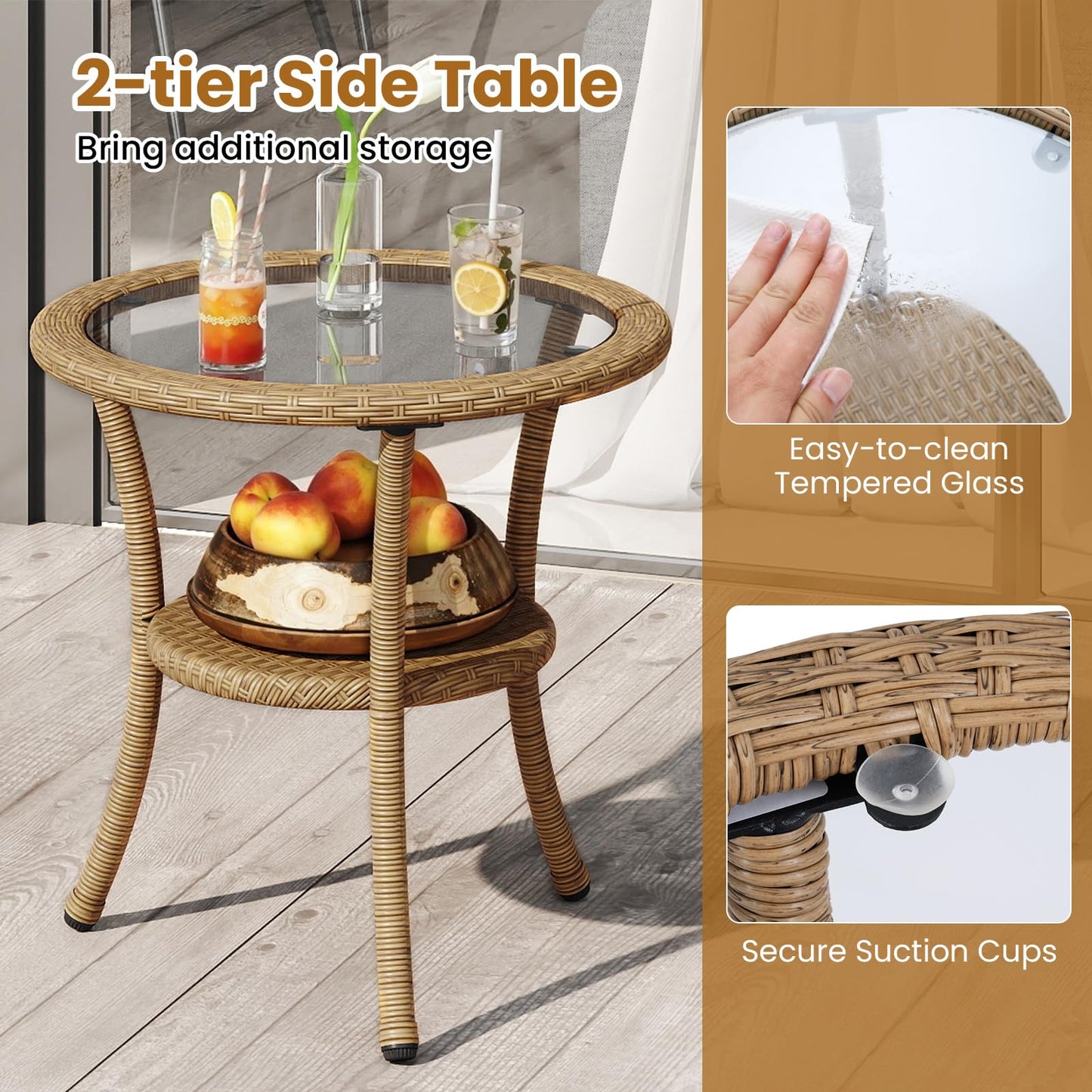 3 Pieces PE Wicker Patio Bistro Set with Cushions for Porch