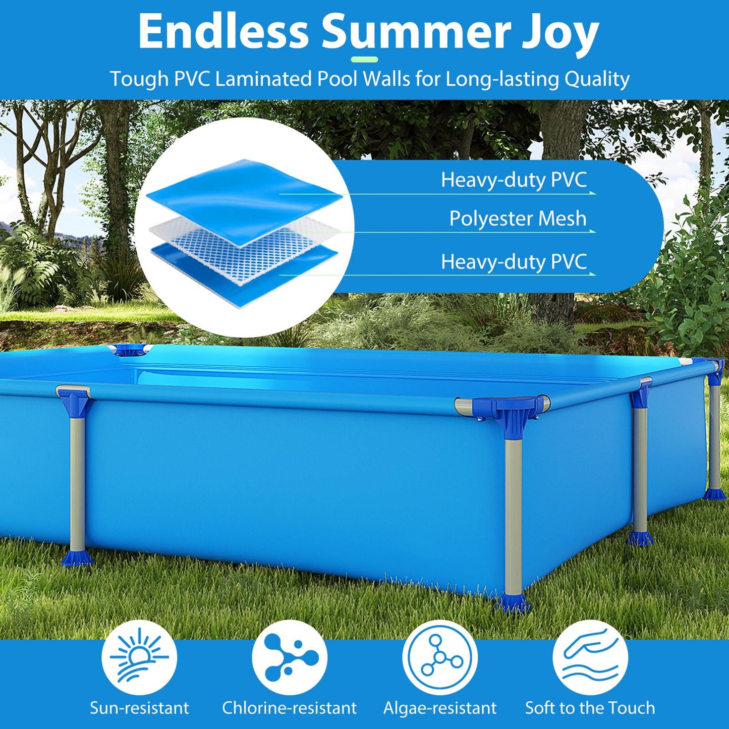 Above Ground Swimming Pool Outdoor Rectangular Pool for Kids above 3 with Metal Frame