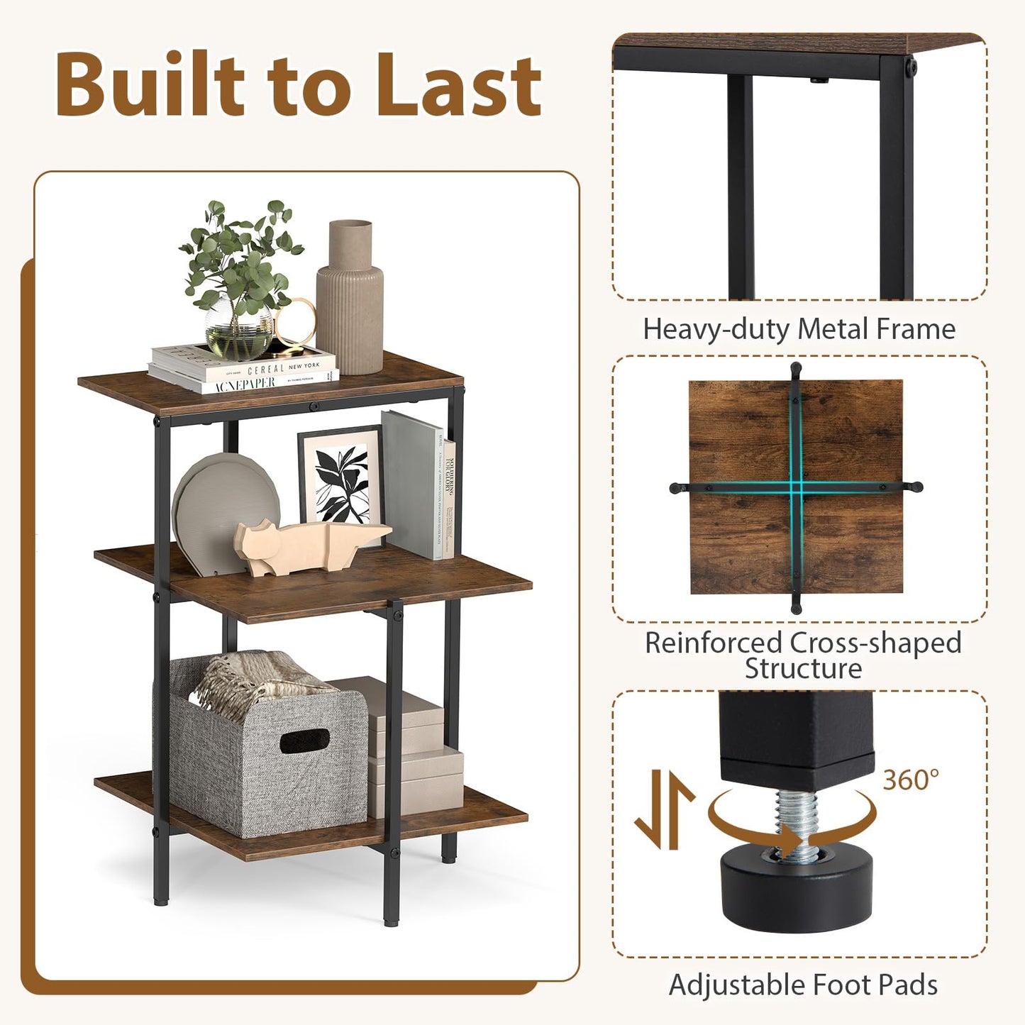 Sofa Side Table, 3-Tier Industrial Square Nightstand Bedside Table