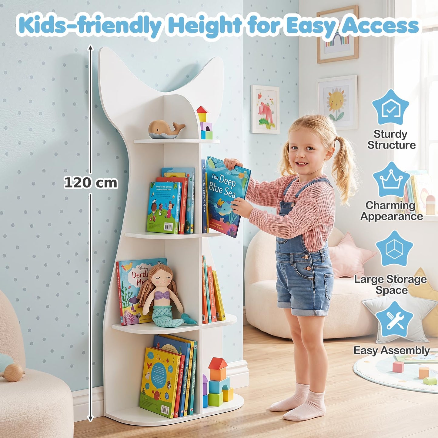 Kids Bookshelf, 4-Tier Corner Children Bookcase