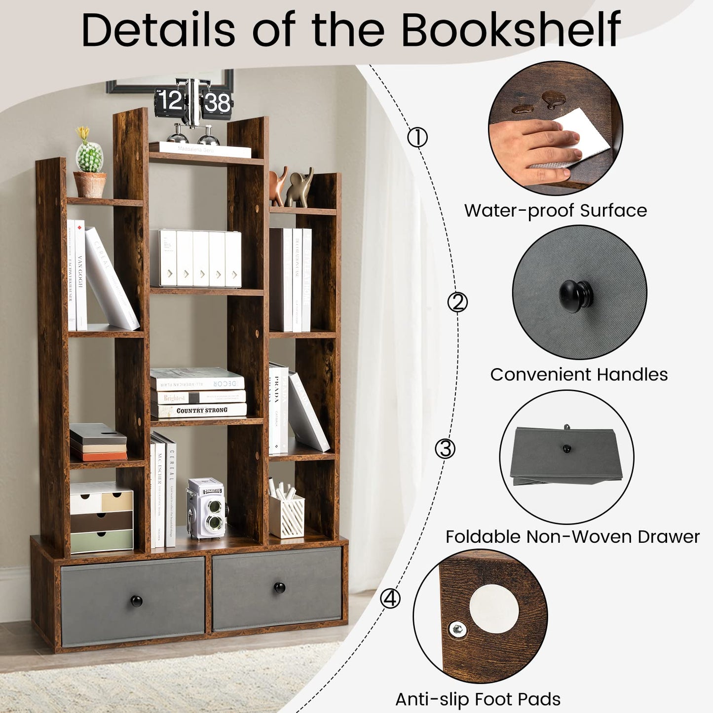 7/12-Tier Wooden Bookshelf with Folding Drawer for Study Living Room