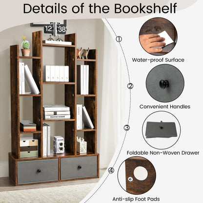 7/12-Tier Wooden Bookshelf with Folding Drawer for Study Living Room