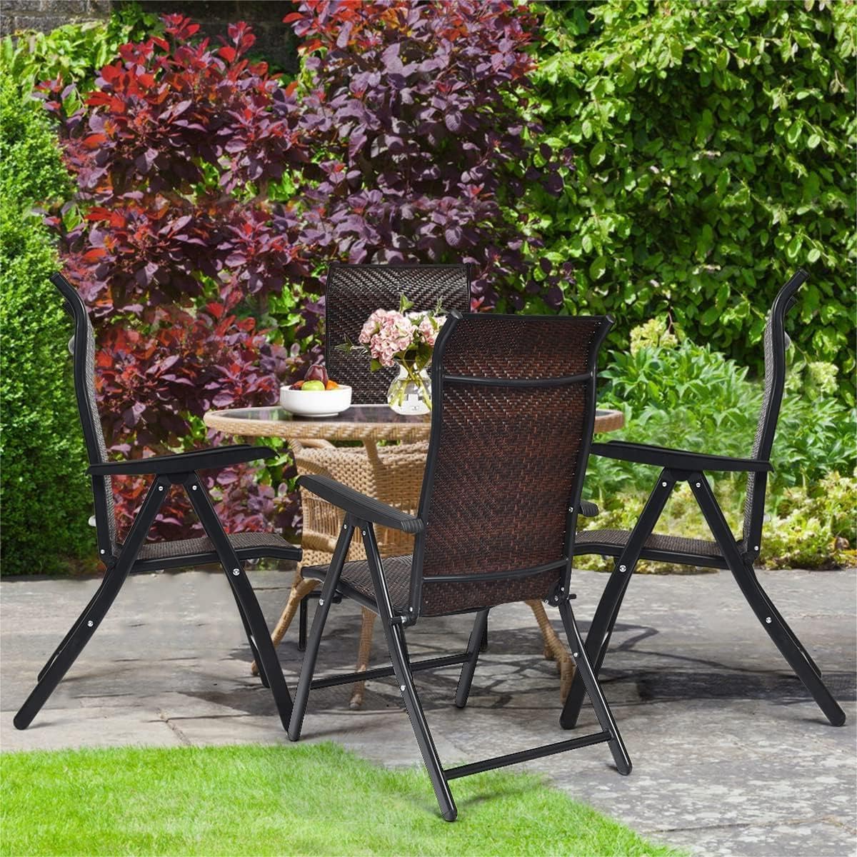 GiantexUK Set of 1/2 Reclining Folding Chairs, Patio PE Wicker Folding Chair with 5-Position Adjustable High Backrest