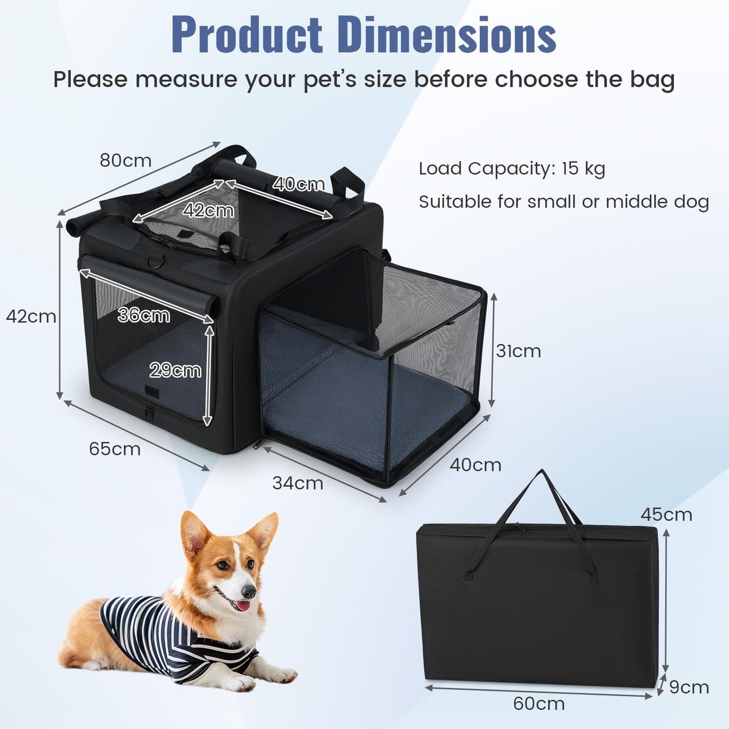 Foldable Soft Fabric Dog Cat Travel Crate with 2 Openings
