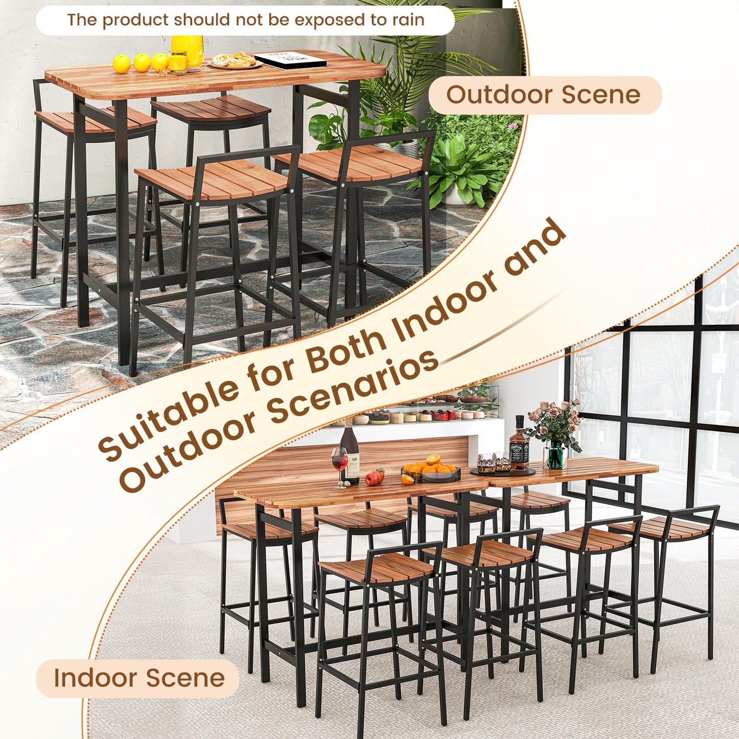 5 Piece Acacia Wood Bar Table Set with Metal Frame and Footrest