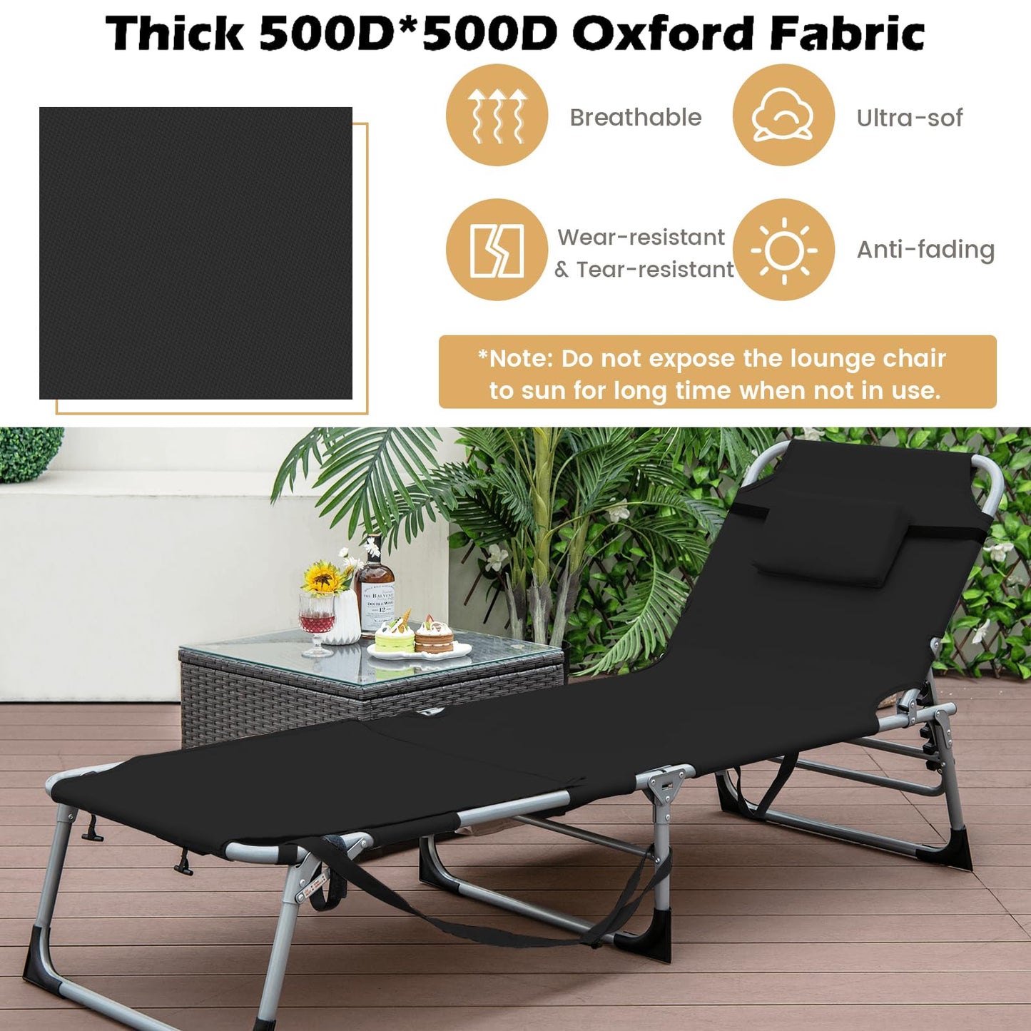 Folding Sun Lounger, 5-Position Adjustable Garden Sunbed with Face Hole