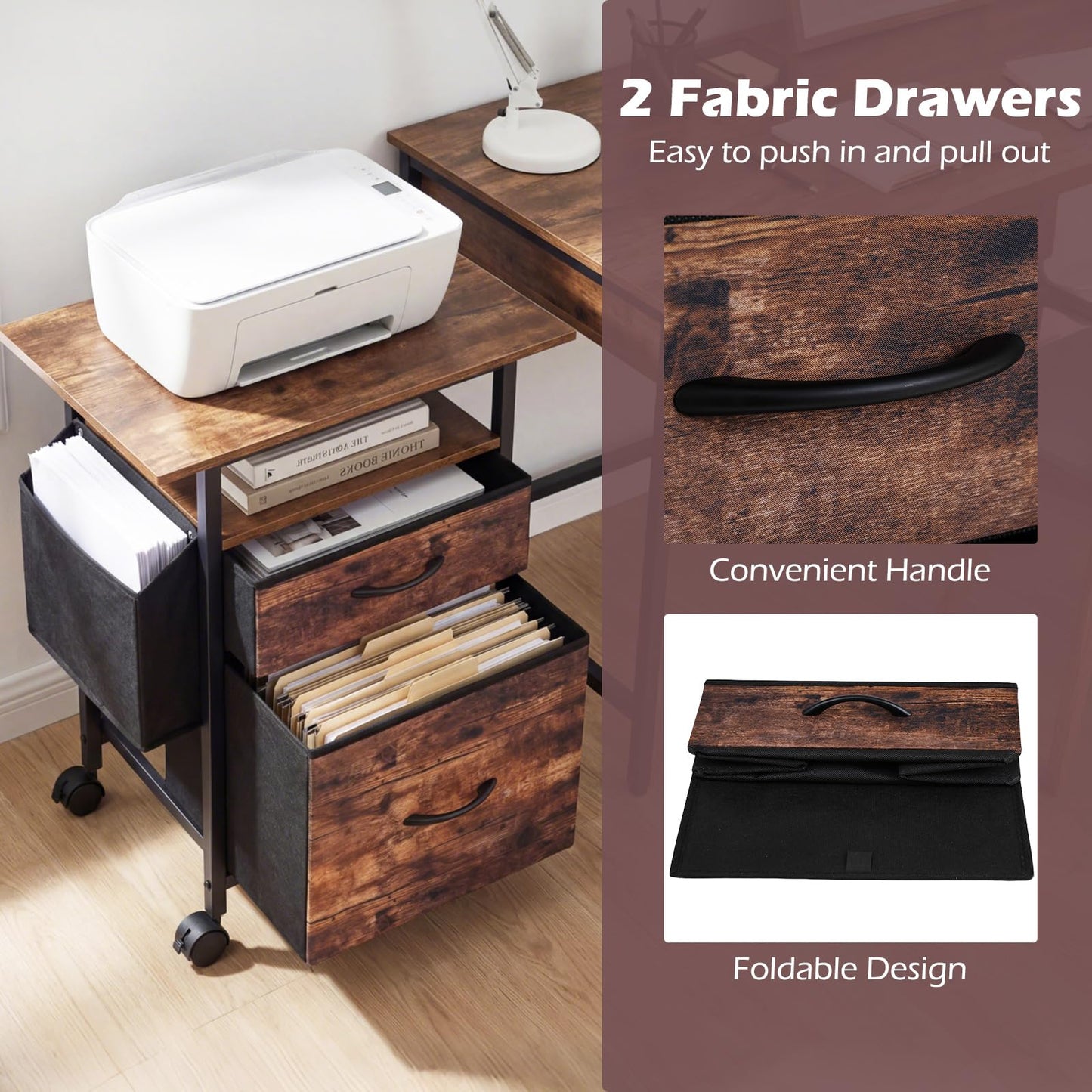 Mobile File Cabinet with 2 Drawers, Rolling Printer Stand with Extended Tabletop