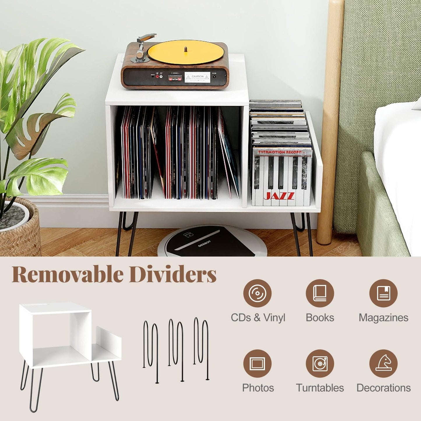 Record Player Stand with Power Outlet and Removable Dividers