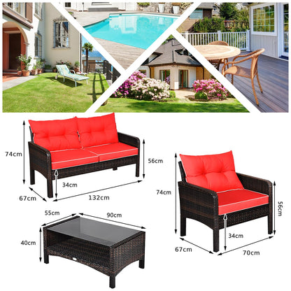 4-Piece Garden Rattan Conversation Furniture Set with Tempered Glass Table