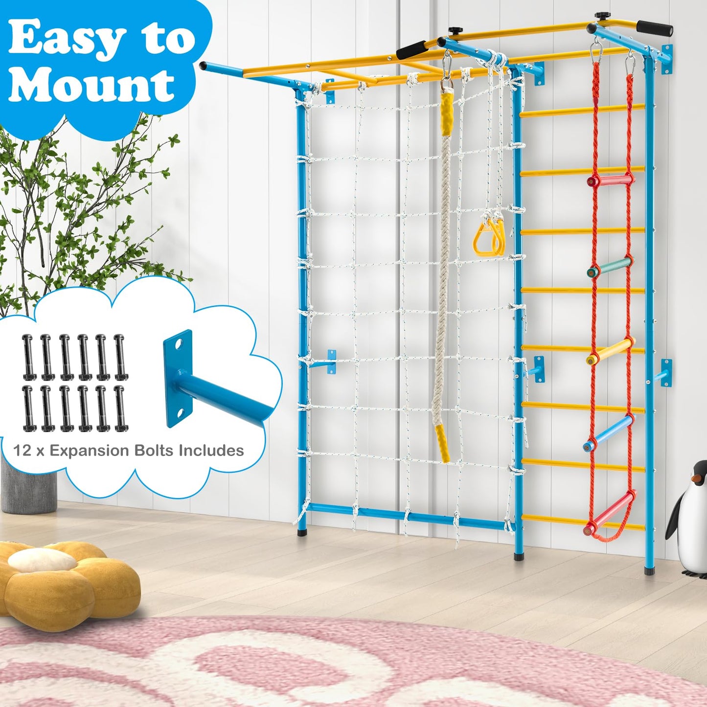 Metal Swedish Ladder Wall Bars for Kids with Gym Rings Climbing Net