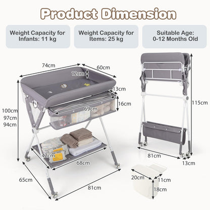 Baby Changing Table Foldable Infant Care Station with Wheels & Trash Can