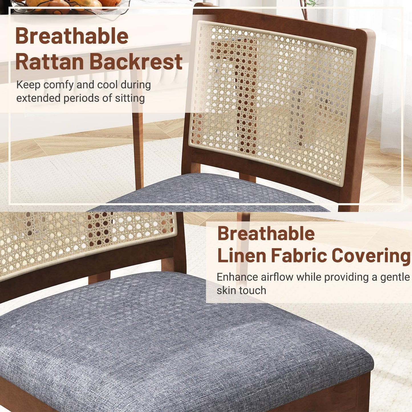 Rattan Dining Chair Set of 2 with Rubber Wood Frame and Linen Fabric Padded