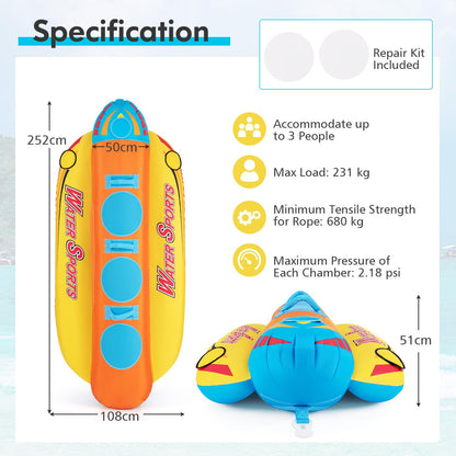 1-3 Riders Inflatable Banana Boat Towable Tube for Boating with Full Nylon Cover
