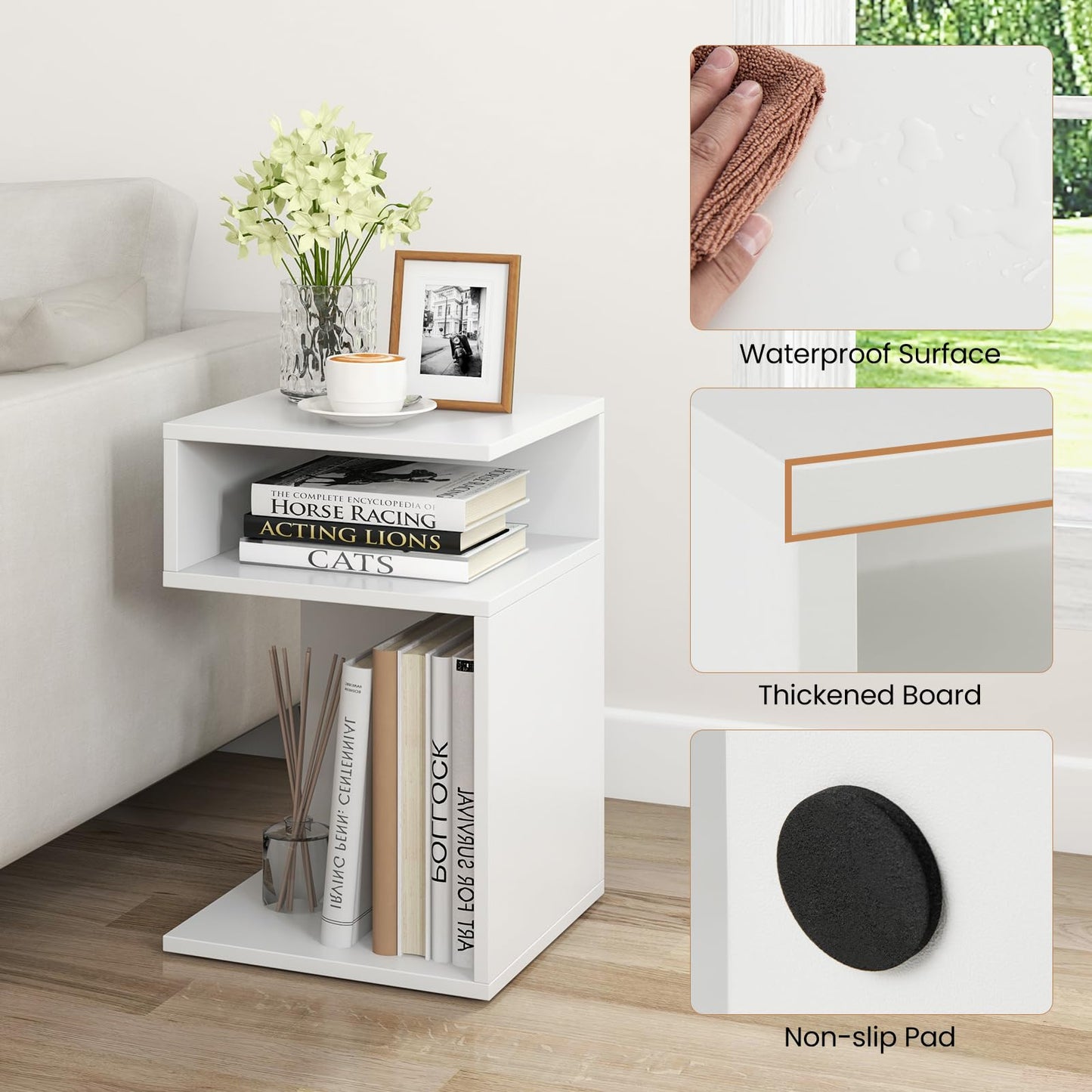 S-Shaped Side Table with 2 Open Compartments for Small Space