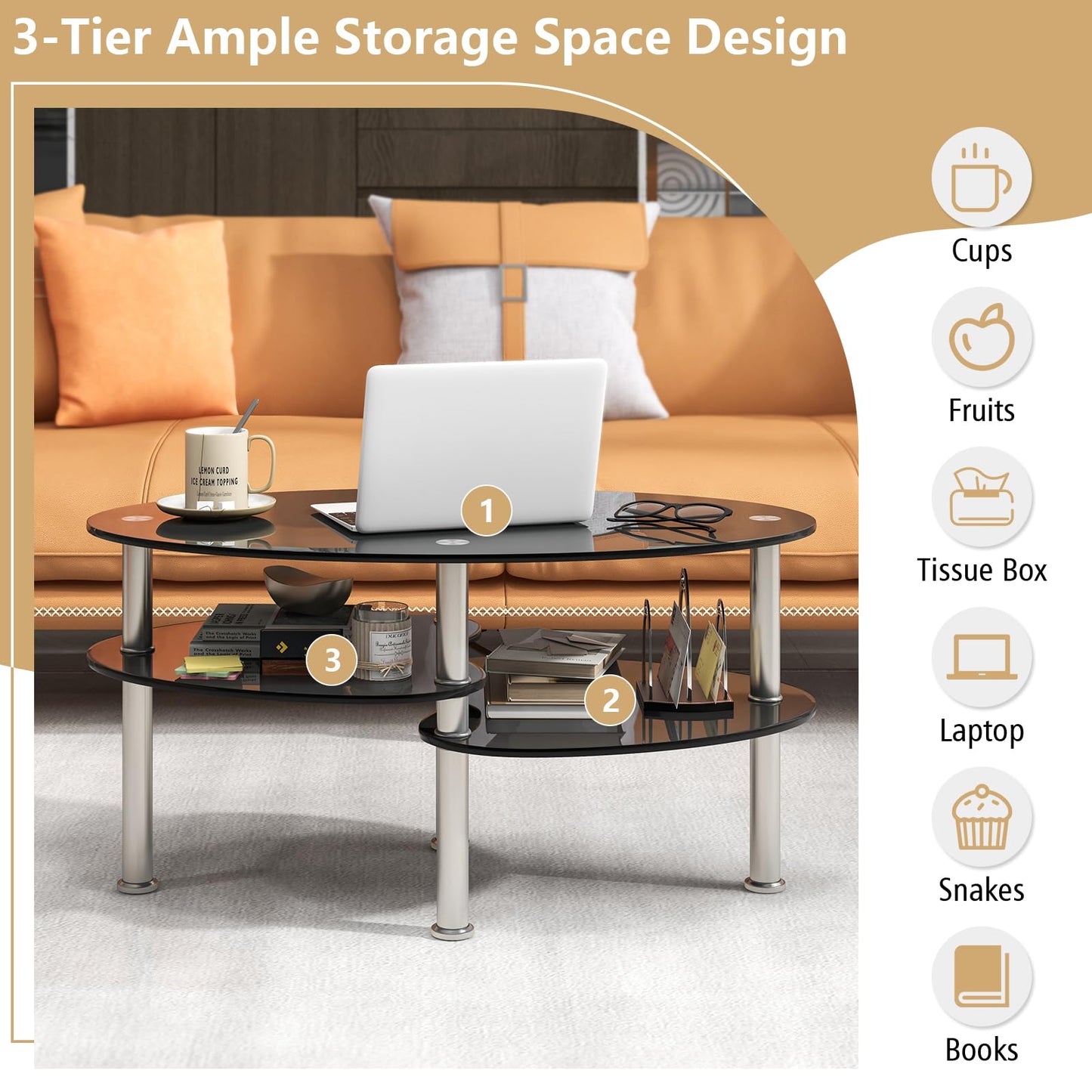 3-Tiers Tempered Glass Coffee Tables with 2 Shelves