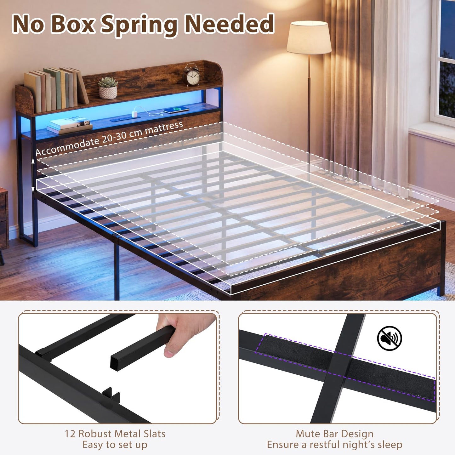 5FT King Size Bed Frame with RGB LED Lights, Charging Station