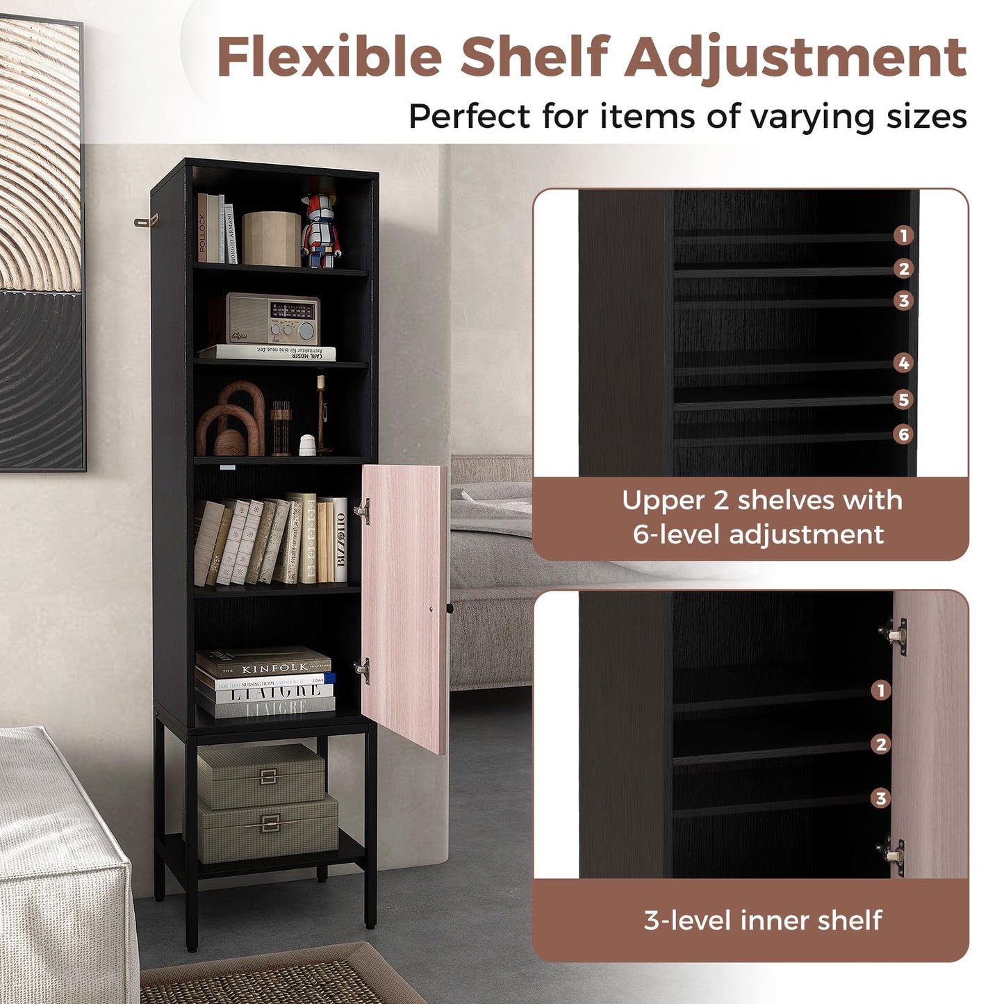 Tall Storage Cabinet with Adjustable Shelf and Bottom Storage