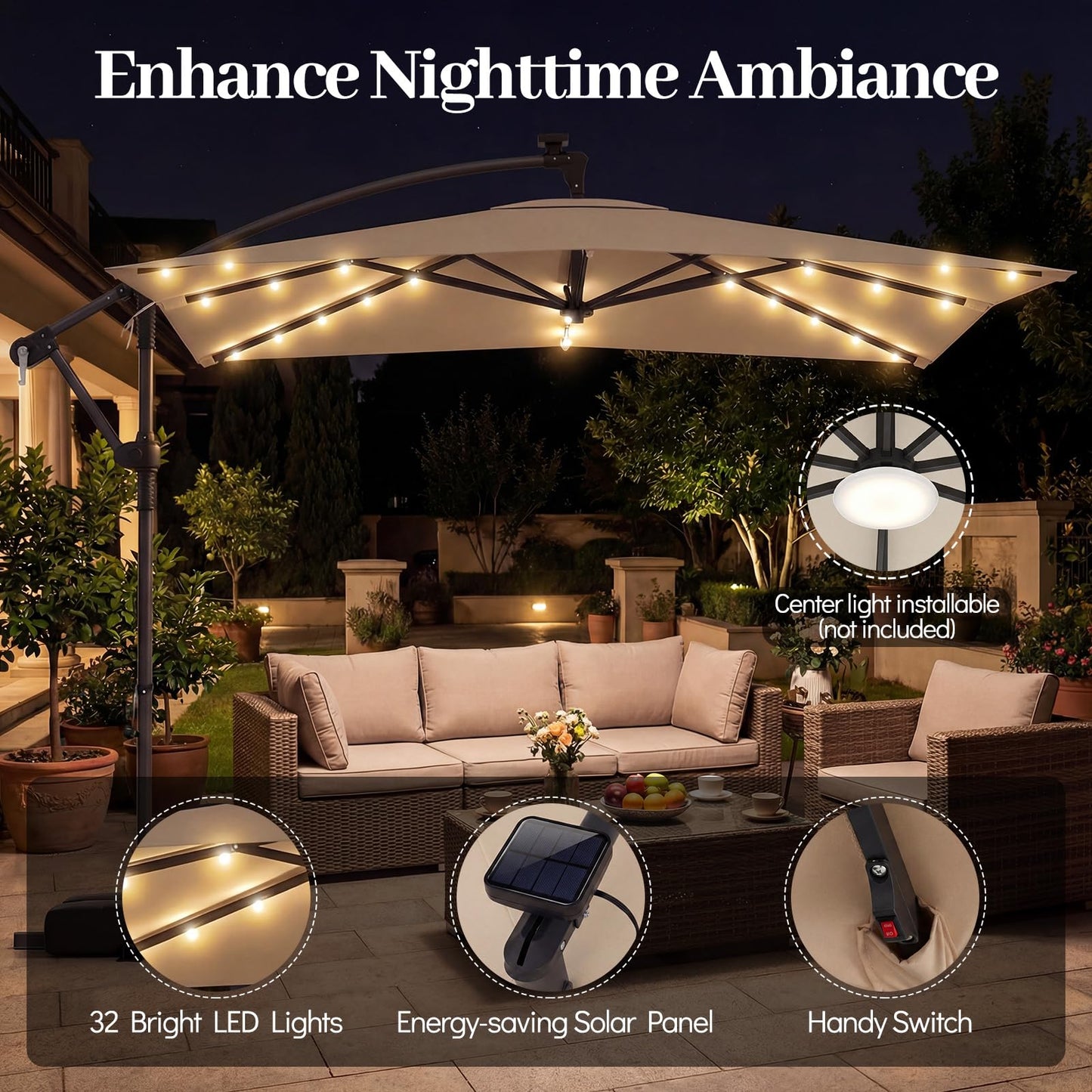 2.5M Cantilever Garden Parasol, Square Offset Banana Umbrella with 32 Solar LED Lights, 360° Rotation