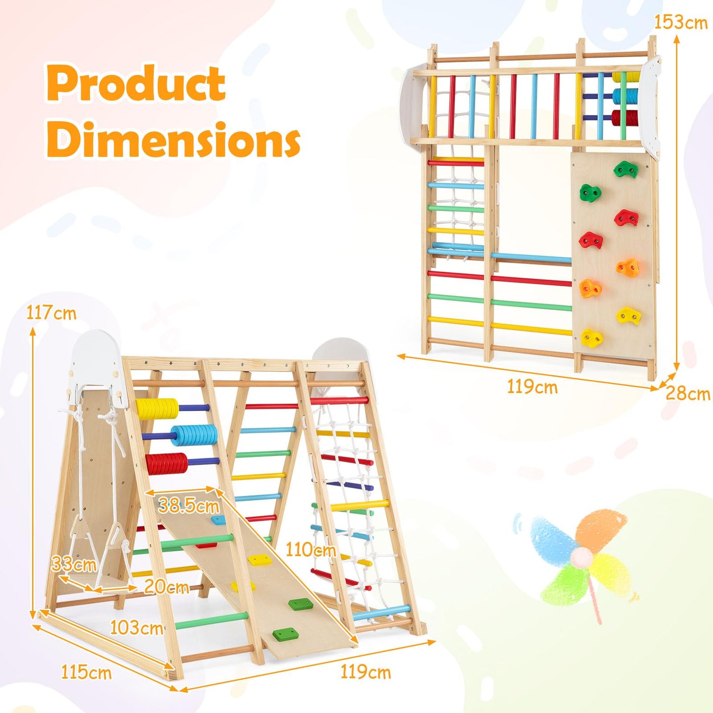 Indoor Climbing Frame, 8 in 1 Wooden Kids Jungle Gym with Swing
