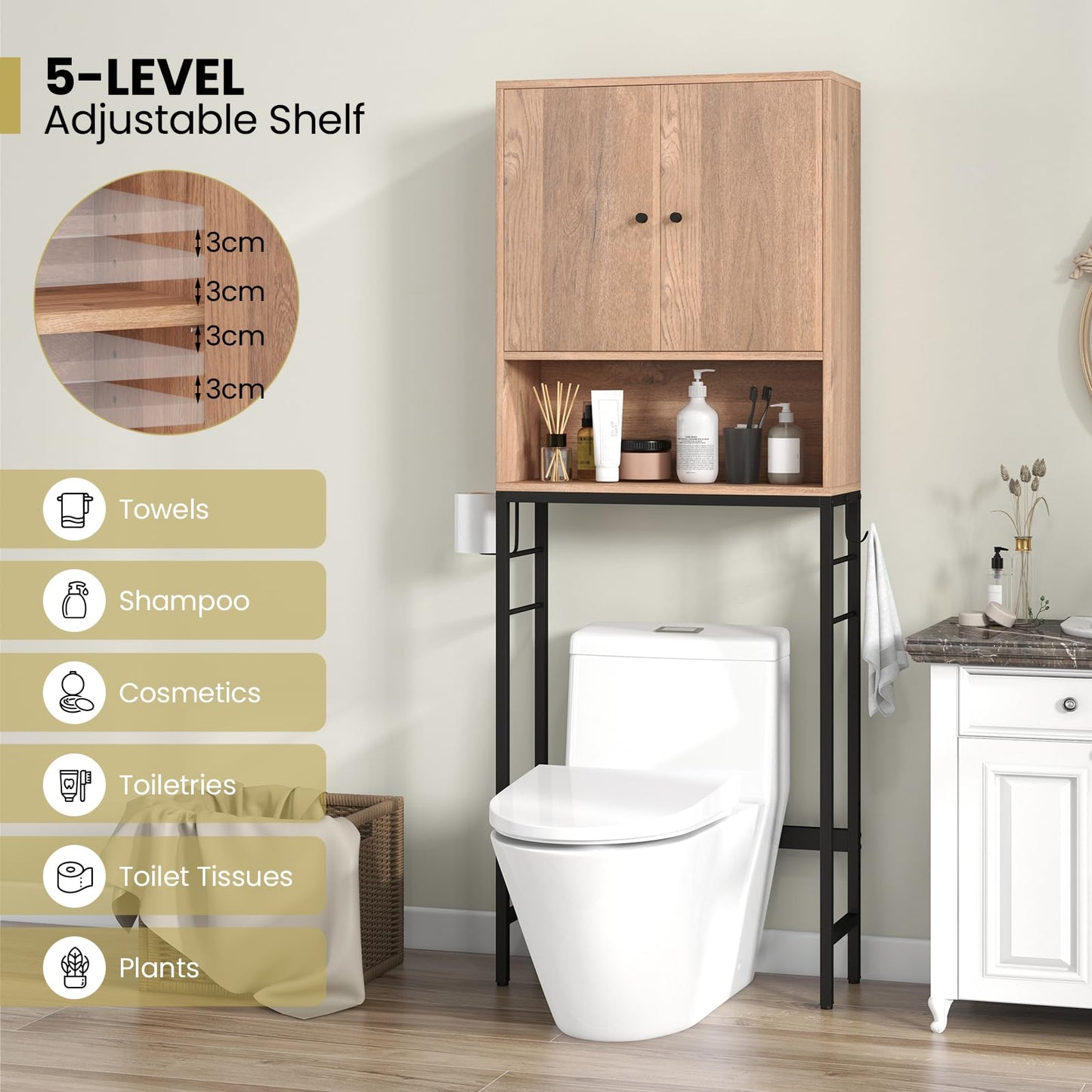 Over The Toilet Storage Cabinet with 2 Doors and Adjustable Shelf