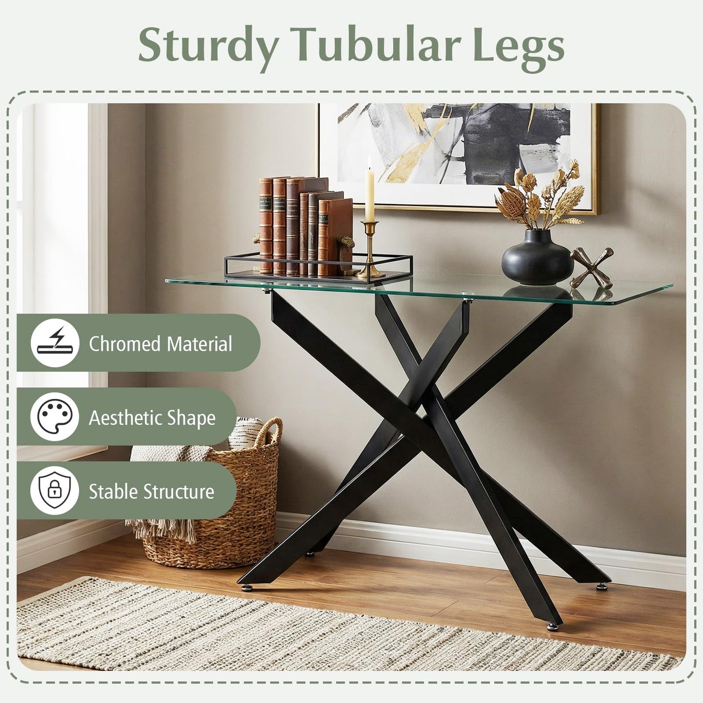 Modern Glass Console Table with Tempered Glass Top and Tubular Legs