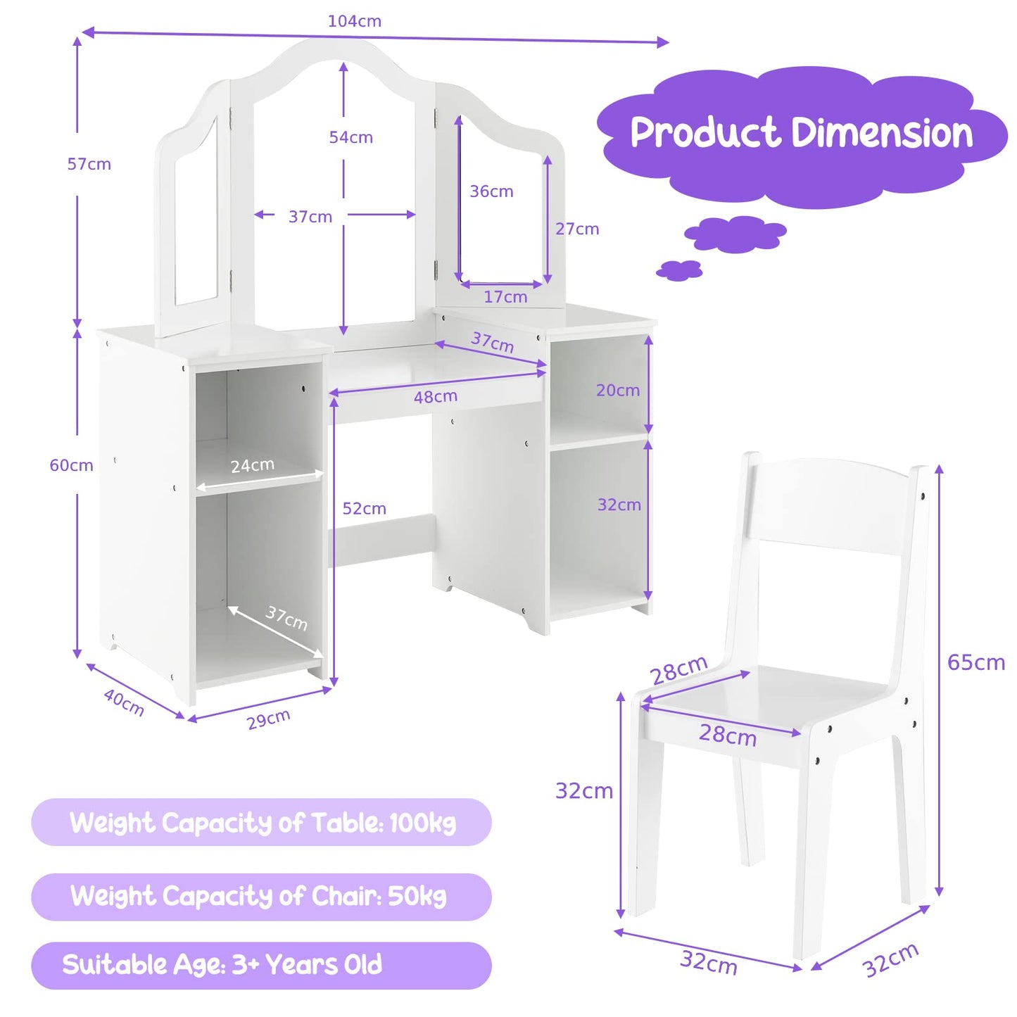 Children Dressing Table with Stool for Playroom Bedroom