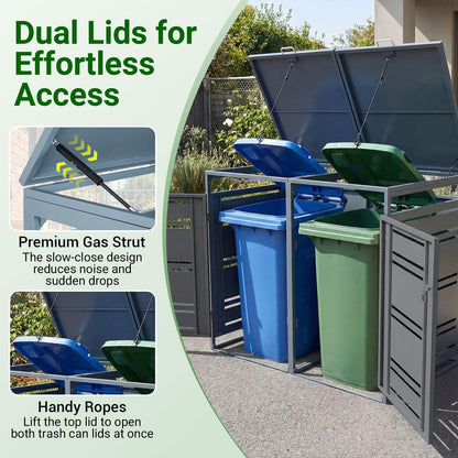 Outdoor Metal Garbage Bin Storage Shed for 2 Trash Cans