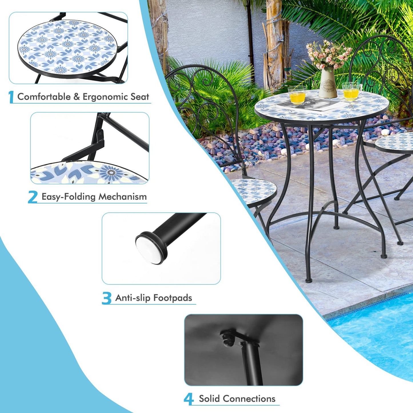 Mosaic Metal Dining Set Garden Table with 2 Folding Chairs