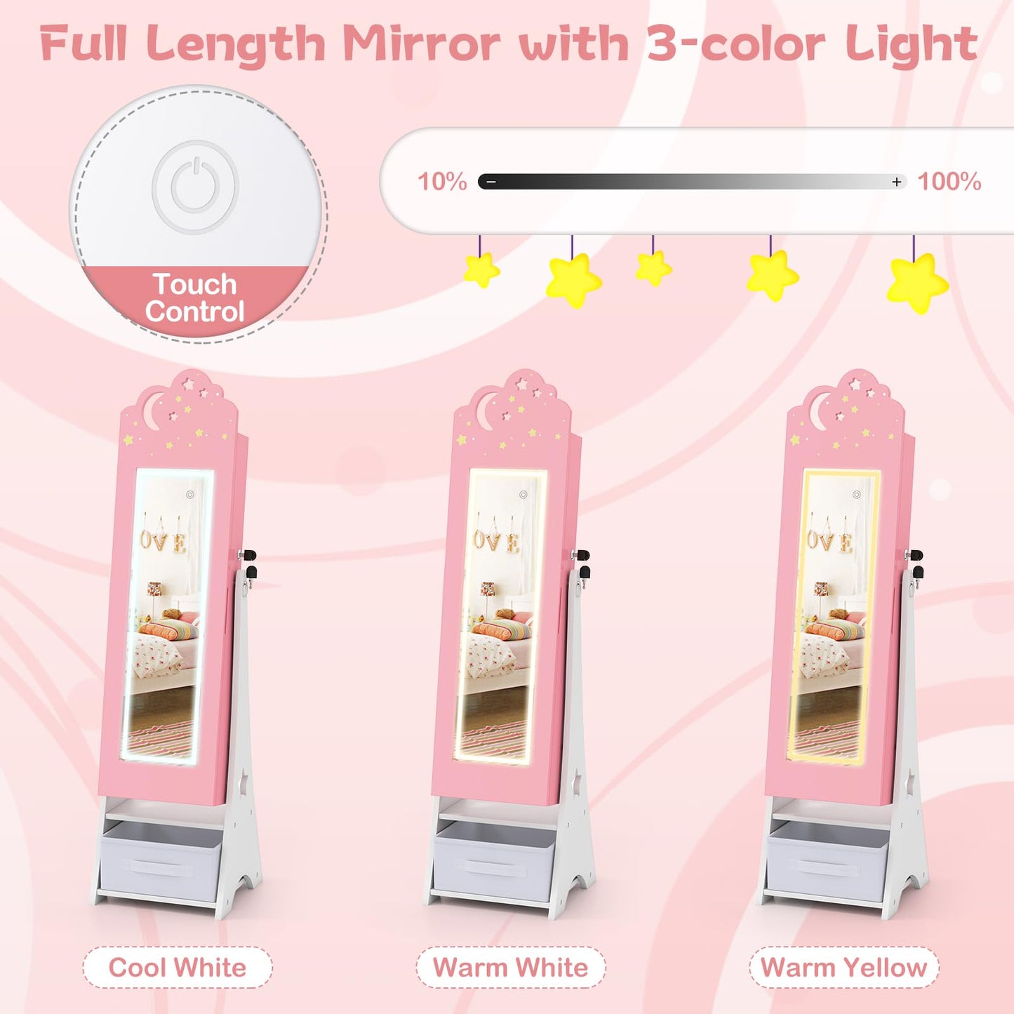 Kids Jewelry Cabinet with Sensor Lights and Full-Length Mirror