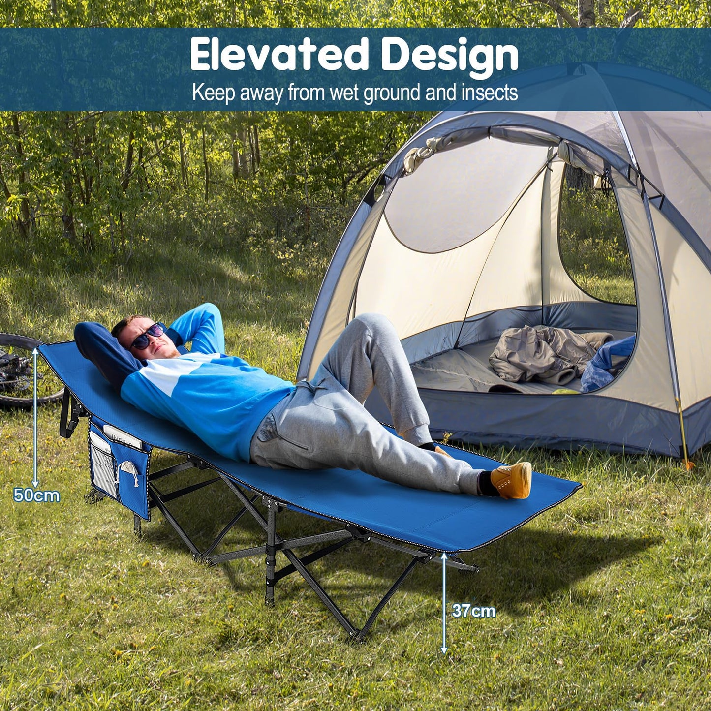 28" Extra Wide Portable Camping Bed Cot with Side Pocket & Carry Bag