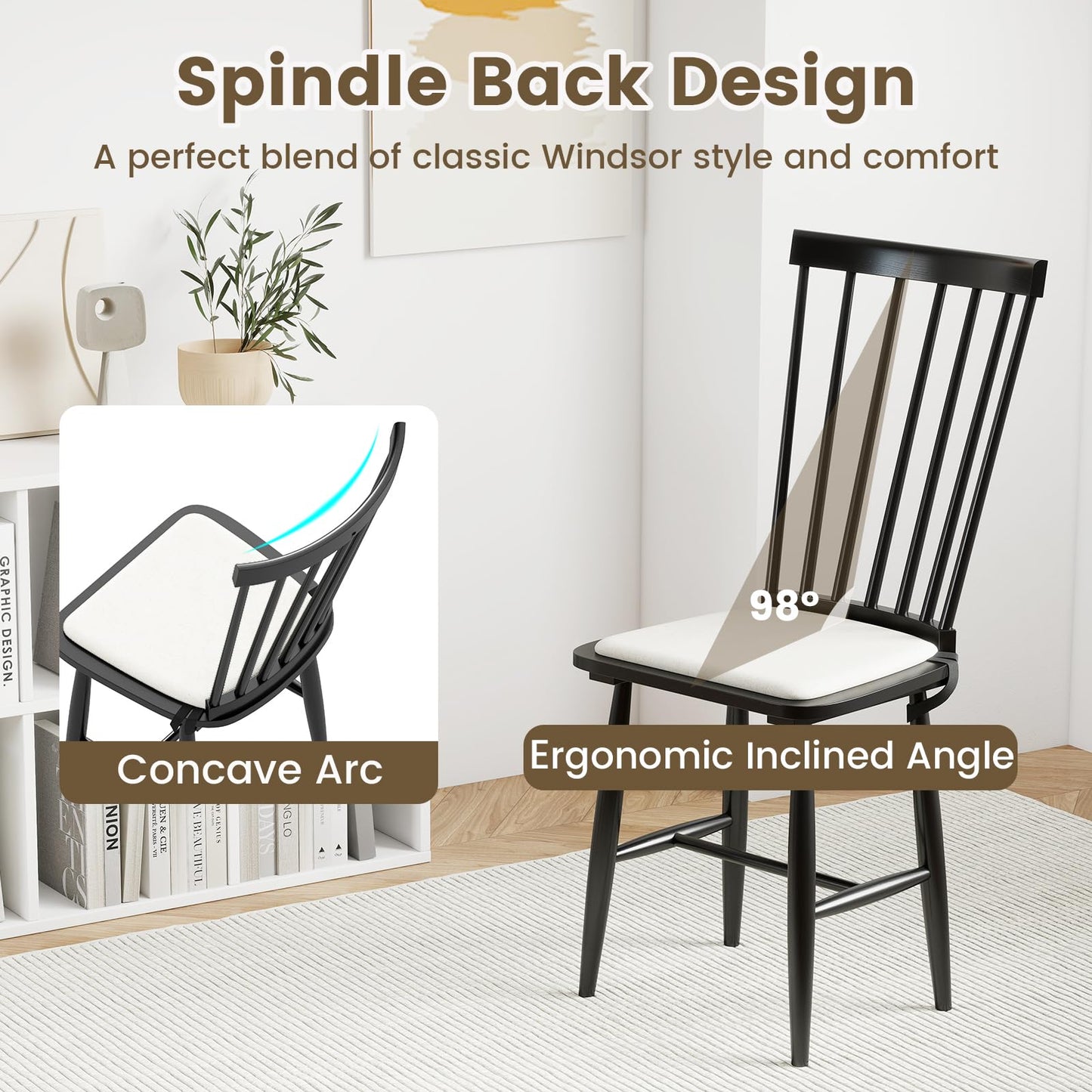 Windsor Dining Chair Set of 2 with Spindle Back for Kitchen and Restaurant