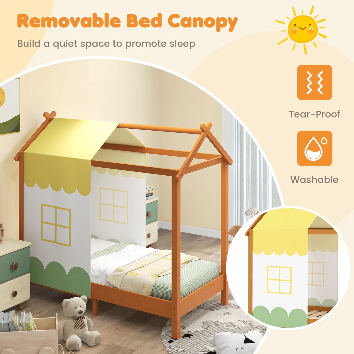Kids House Bed with Roof Playhouse with Removable Canopy