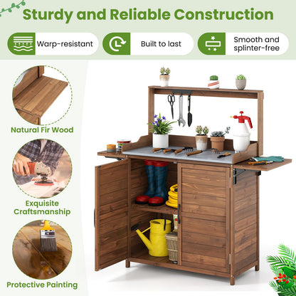 Garden Potting Table, Wooden Potting Bench with Metal-Plated Tabletop