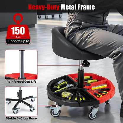 150 KG Max Weight Capacity 360° Rolling Mechanic Stool with Tool Storage Tray Backrest