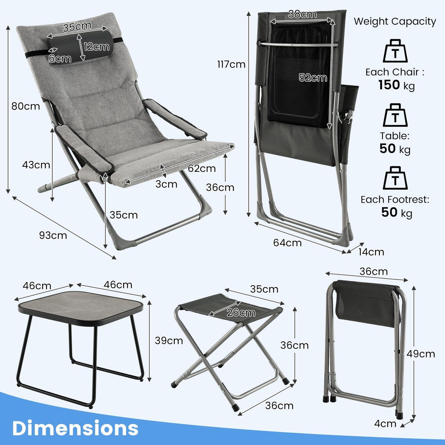 Giantex 5-Piece Garden Furniture Set Folding Sun Loungers with Footstools Coffee Table