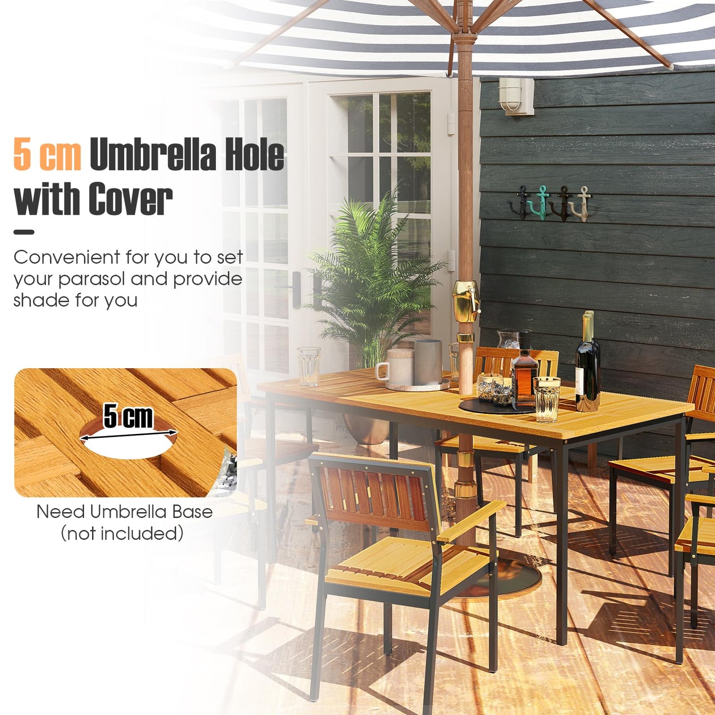 140 x 70cm Acacia Wood Dining Table for 6 People with Slatted Tabletop