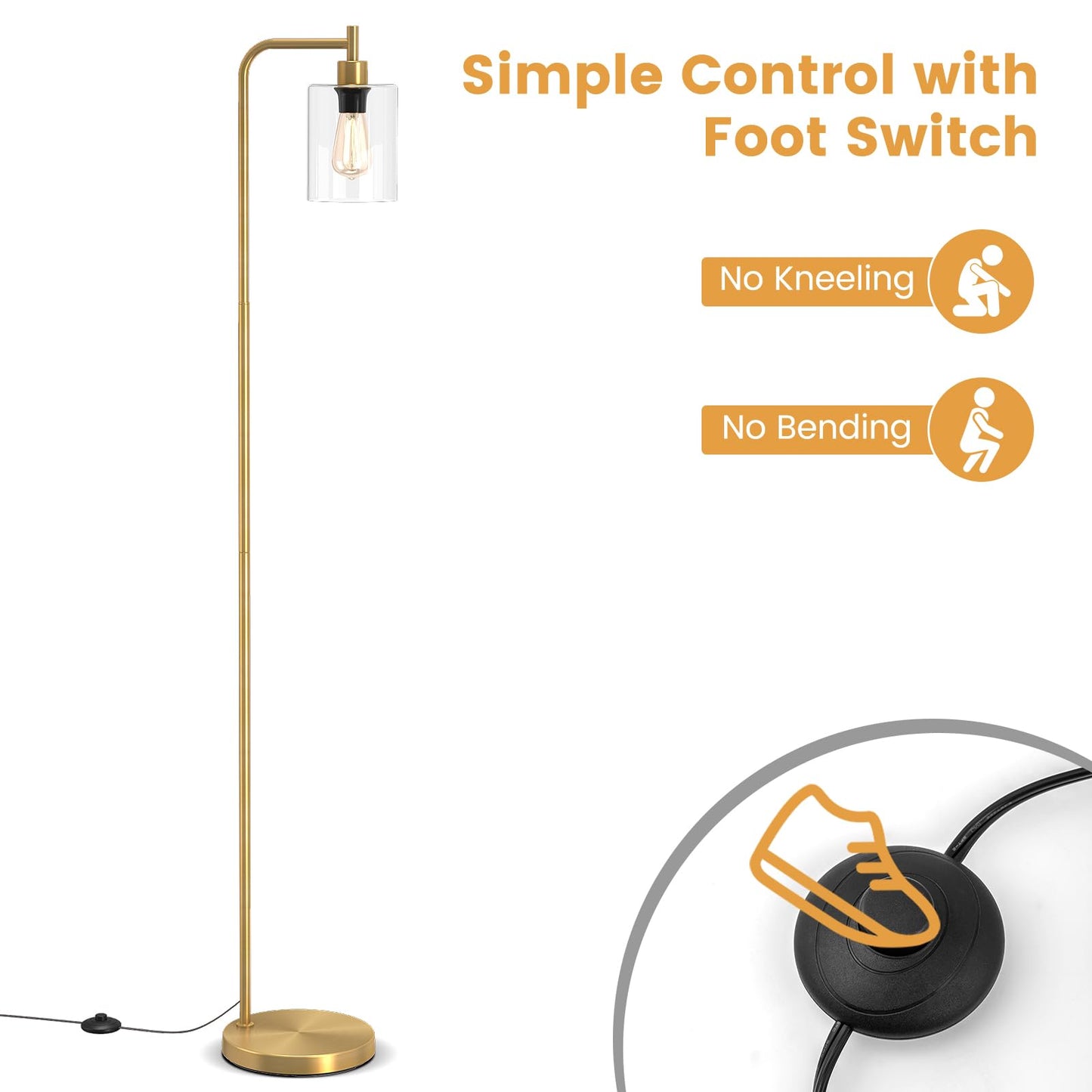 Industrial Floor Lamp with Hanging Glass Lampshade and Foot Switch